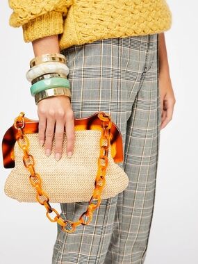 Free People Woven Straw Resin Chain Link Hand Bag